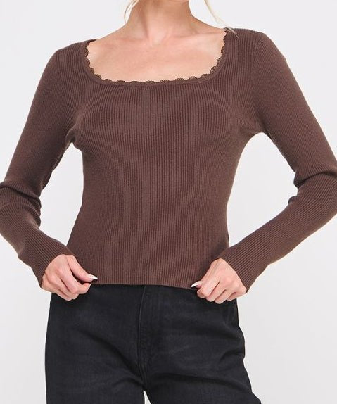 Lydia Lace - Trim Ribbed Square - Neck Top - MTT Collective