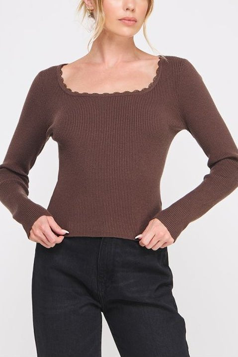 Lydia Lace - Trim Ribbed Square - Neck Top - MTT Collective
