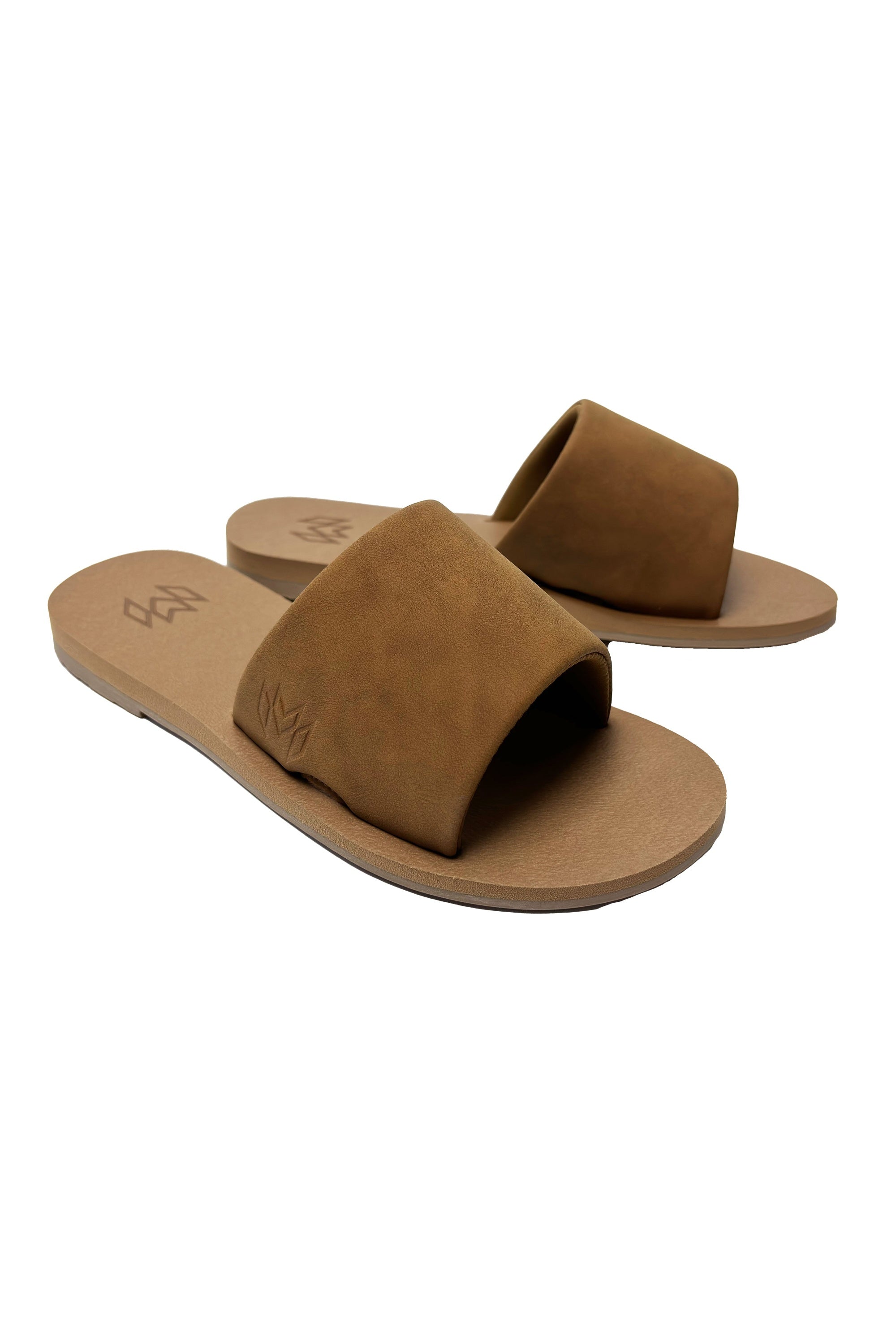 Malvados Ellie II memory foam slide sandal in Saddle — angle view