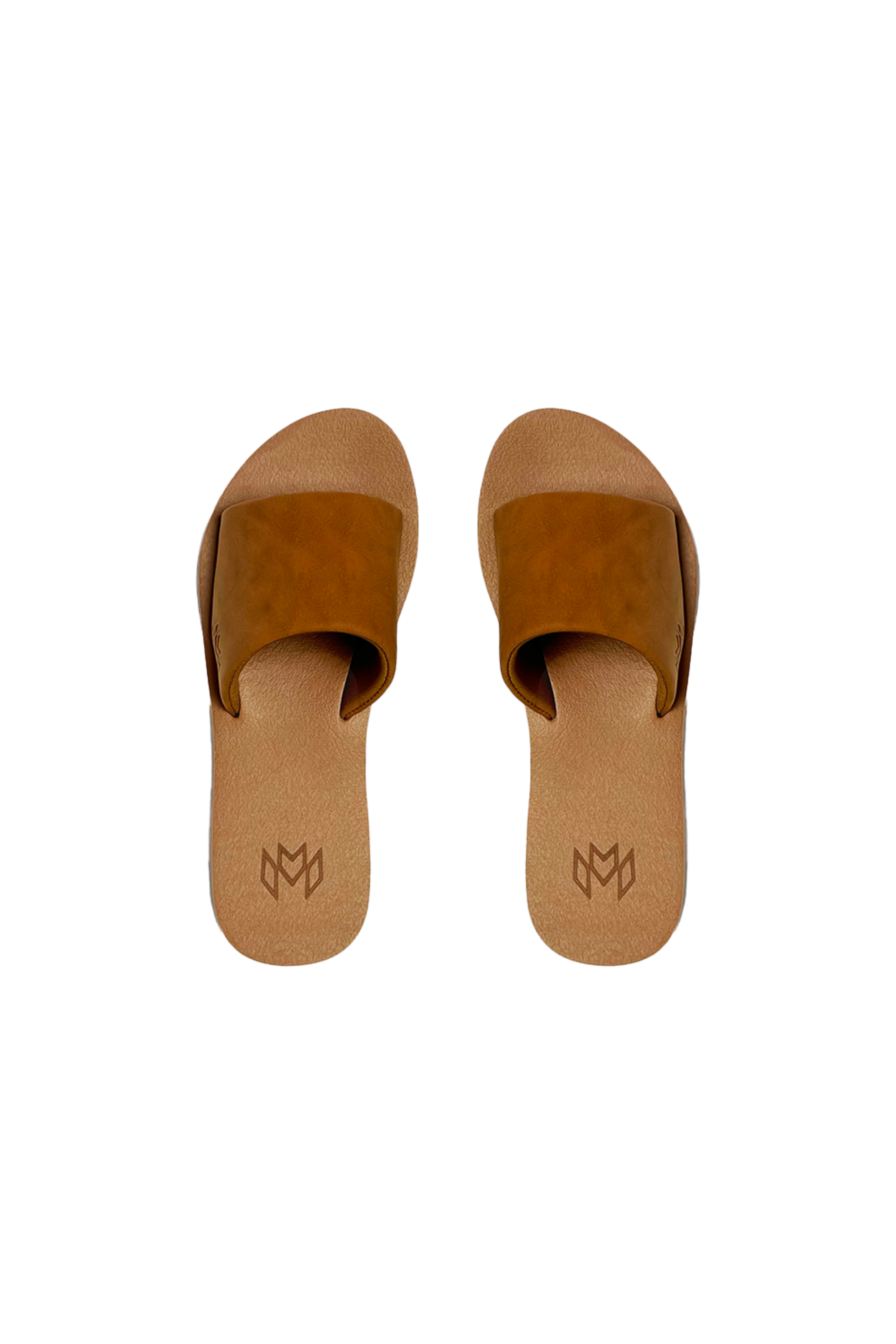 Malvados Ellie II memory foam slide sandal in Saddle — pair view