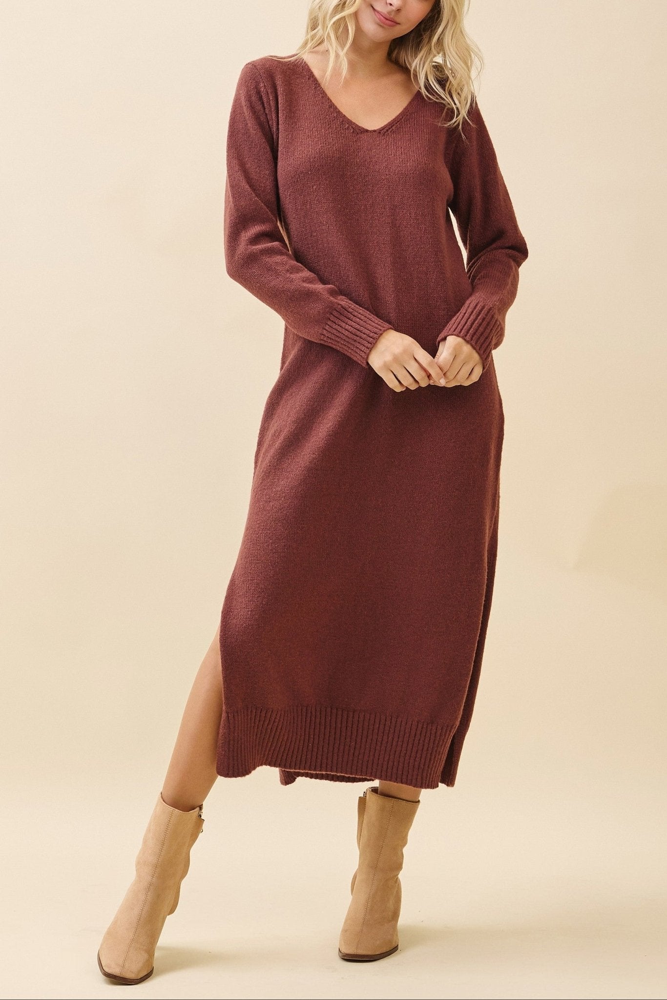 Margo V - Neck Sweater Midi Dress - MTT Collective