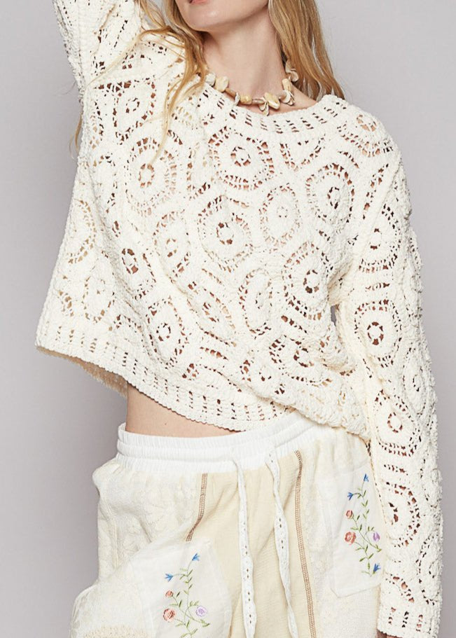 Margot Open Knitted Crochet Solid Sweater - MTT Collective