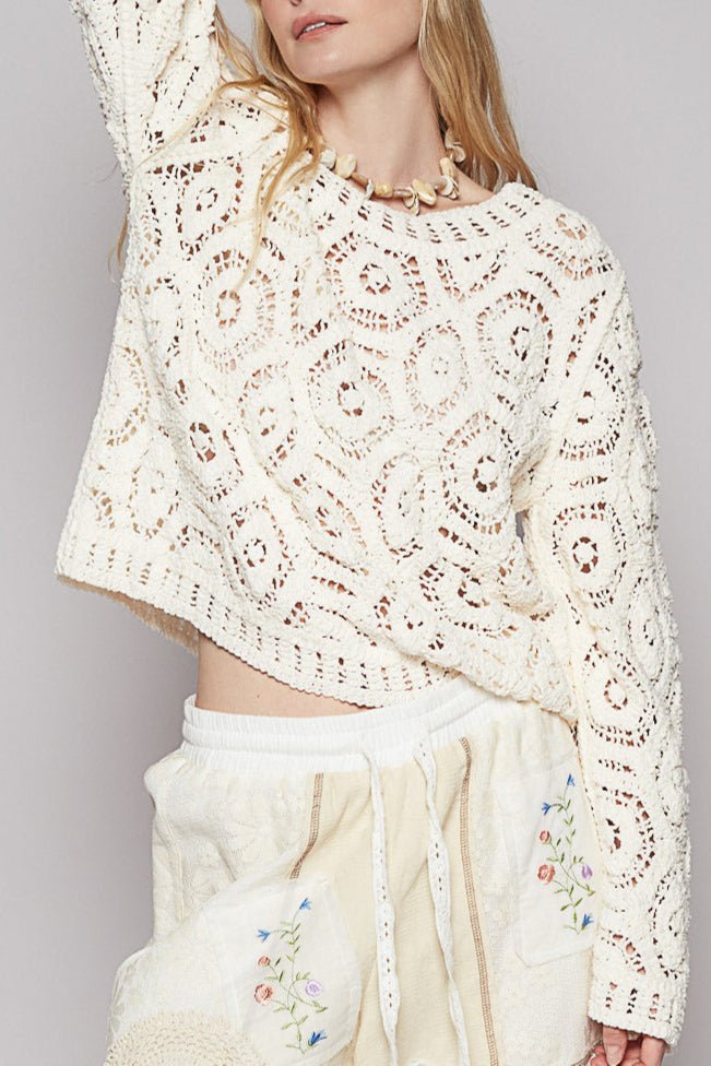 Margot Open Knitted Crochet Solid Sweater - MTT Collective