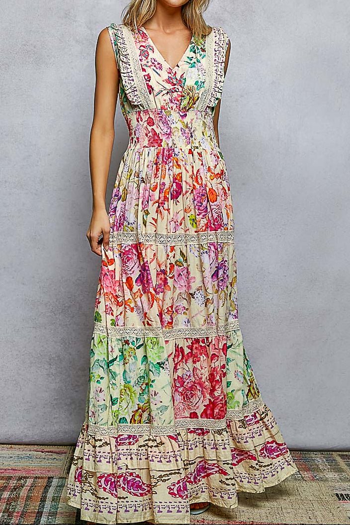Melody V - Neck Ruffle Floral Maxi Dress - MTT Collective