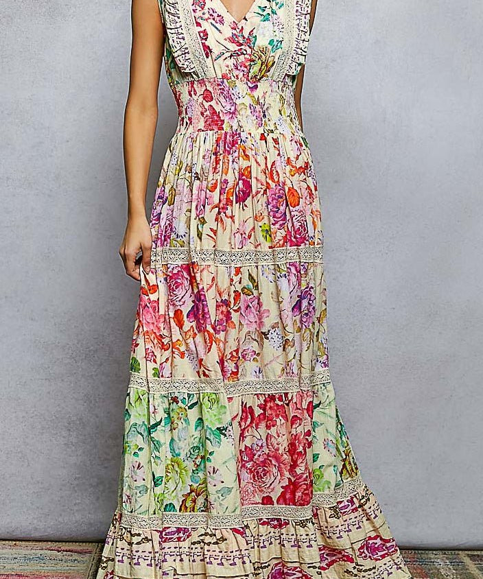 Melody V - Neck Ruffle Floral Maxi Dress - MTT Collective