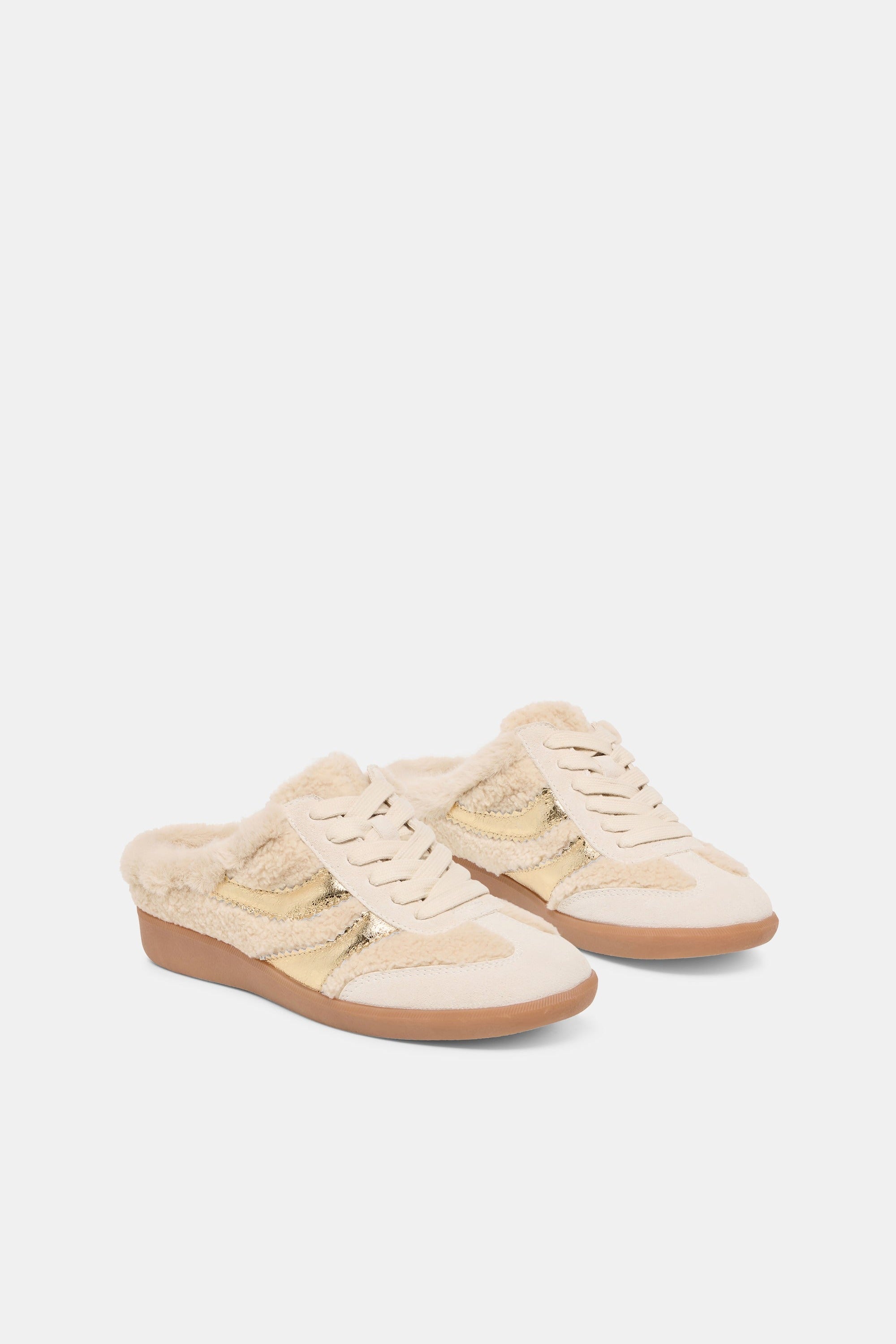 Dolce Vita Merit Slide Plush sneaker in natural multi plush, pair front view