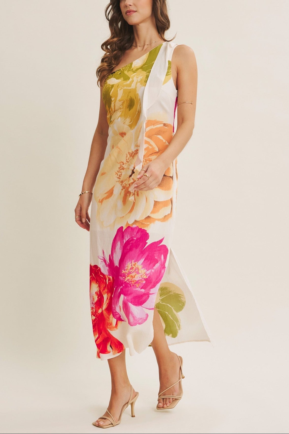 One - Shoulder Floral Midi Dress - MTT Collective