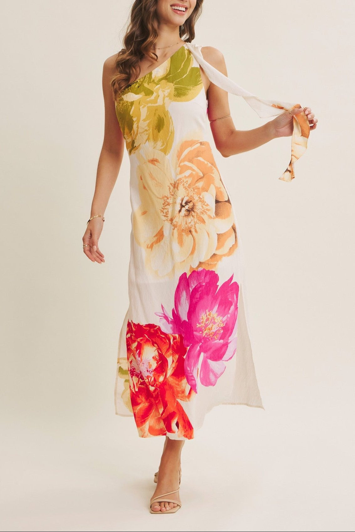 One - Shoulder Floral Midi Dress - MTT Collective