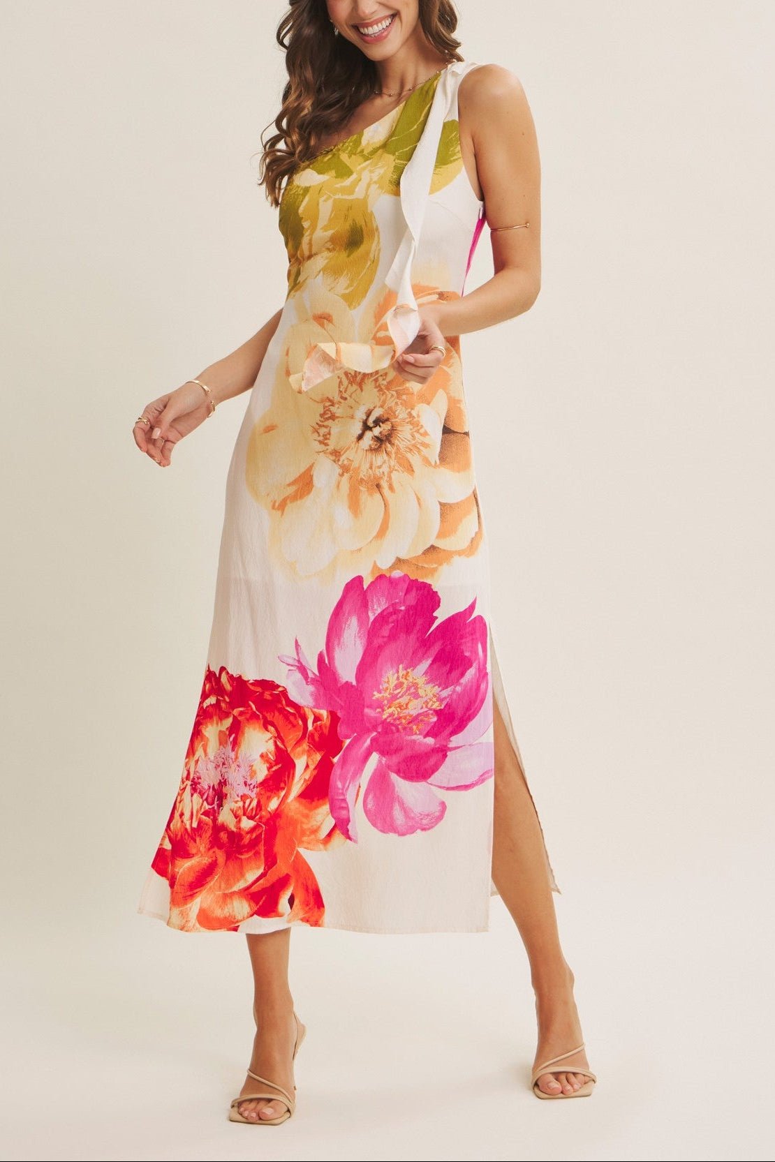 One - Shoulder Floral Midi Dress - MTT Collective