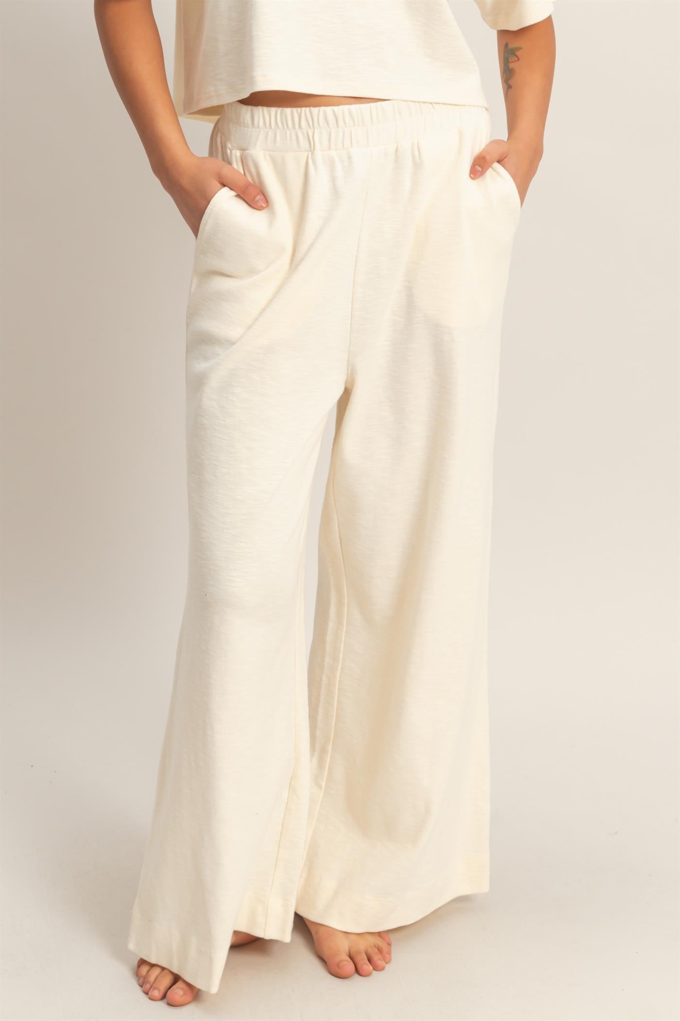 Lennon Elastic Waist Wide-Leg Pants - Cream