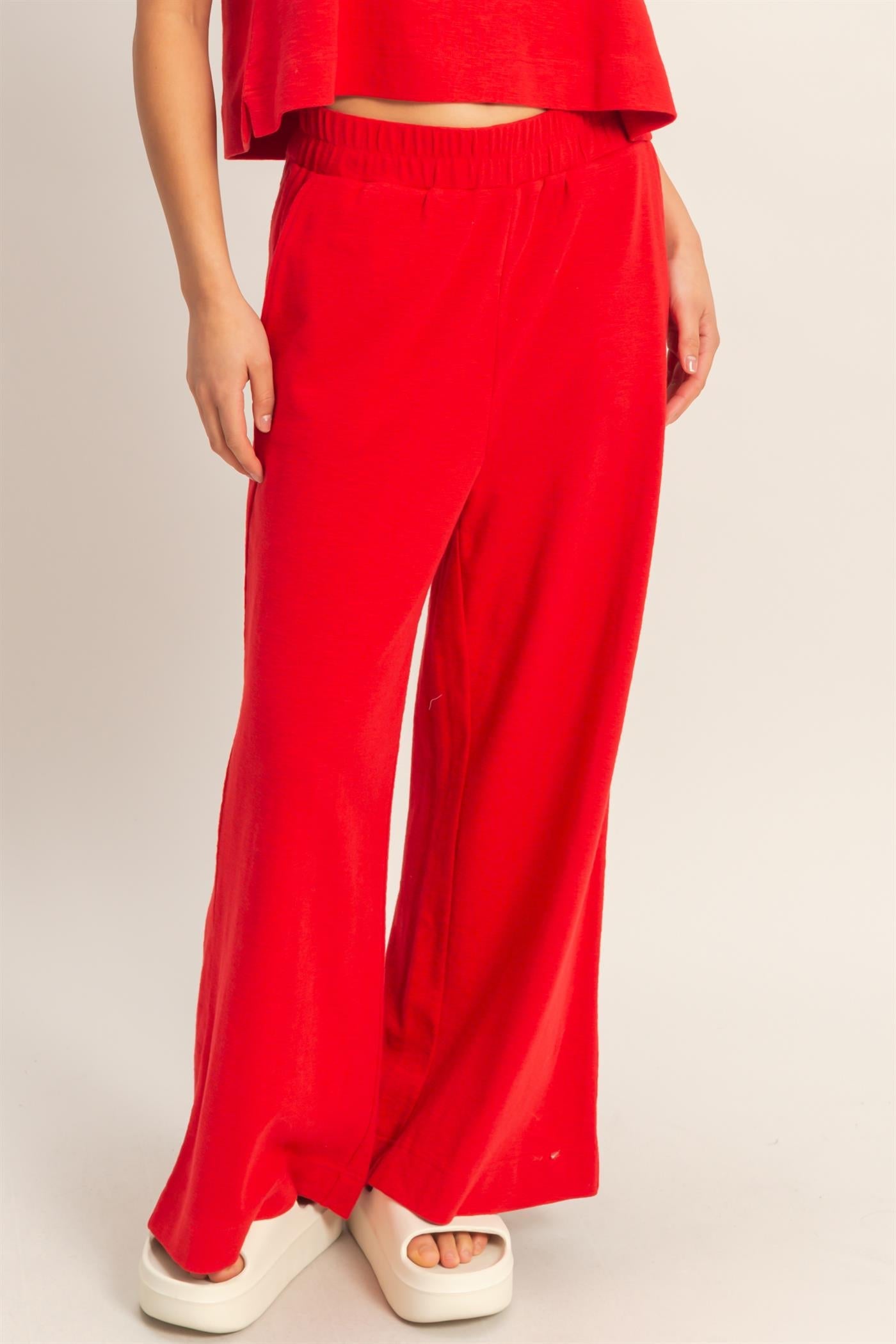 Lennon Elastic Waist Wide-Leg Pants - Red