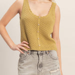 Elise Open Knit Button Front Tank - Olive