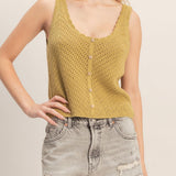 Elise Open Knit Button Front Tank - Olive