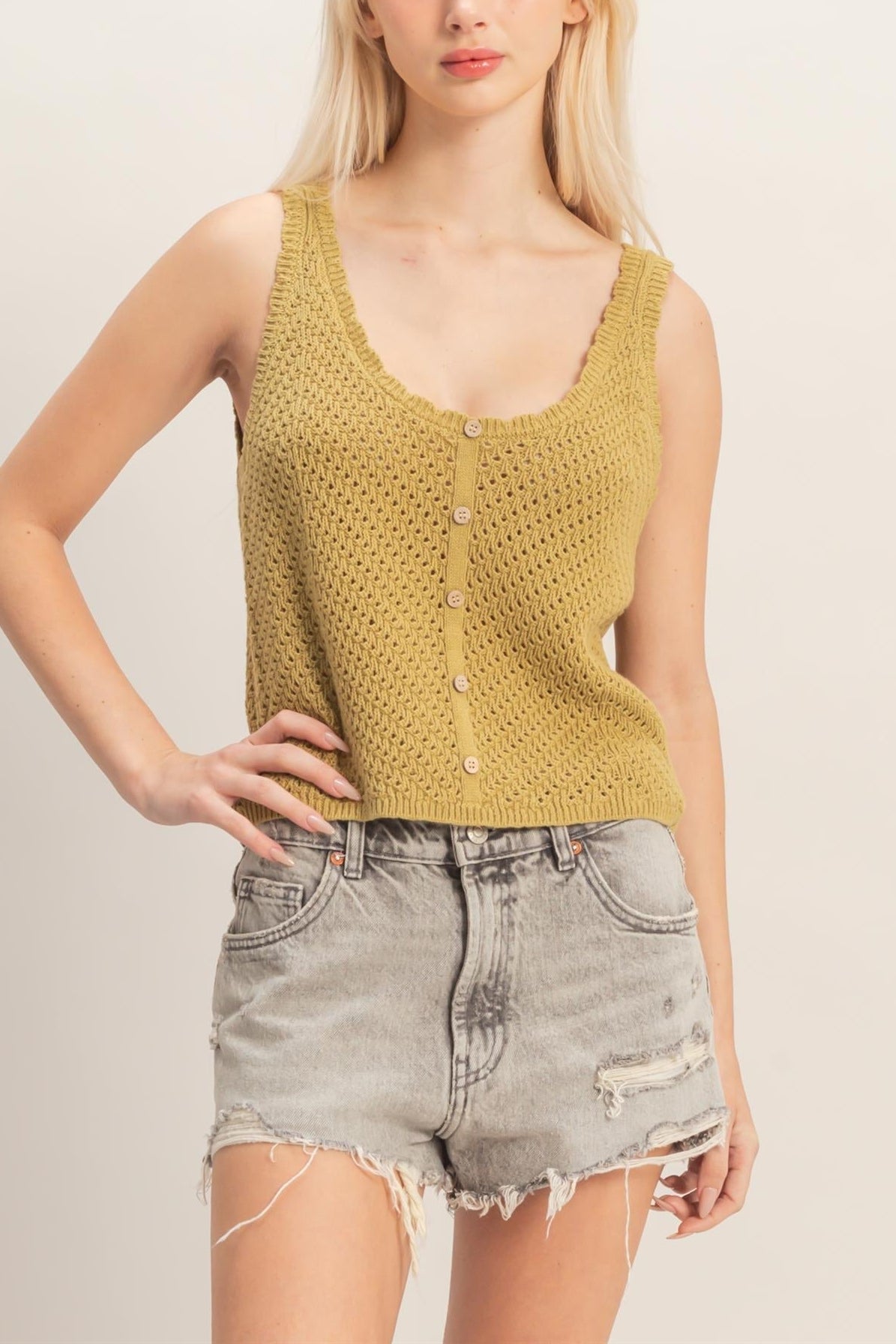 Elise Open Knit Button Front Tank - Olive