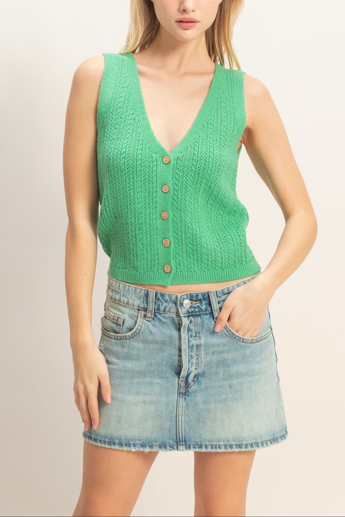 Remi V-Neck Knit Tank - Green