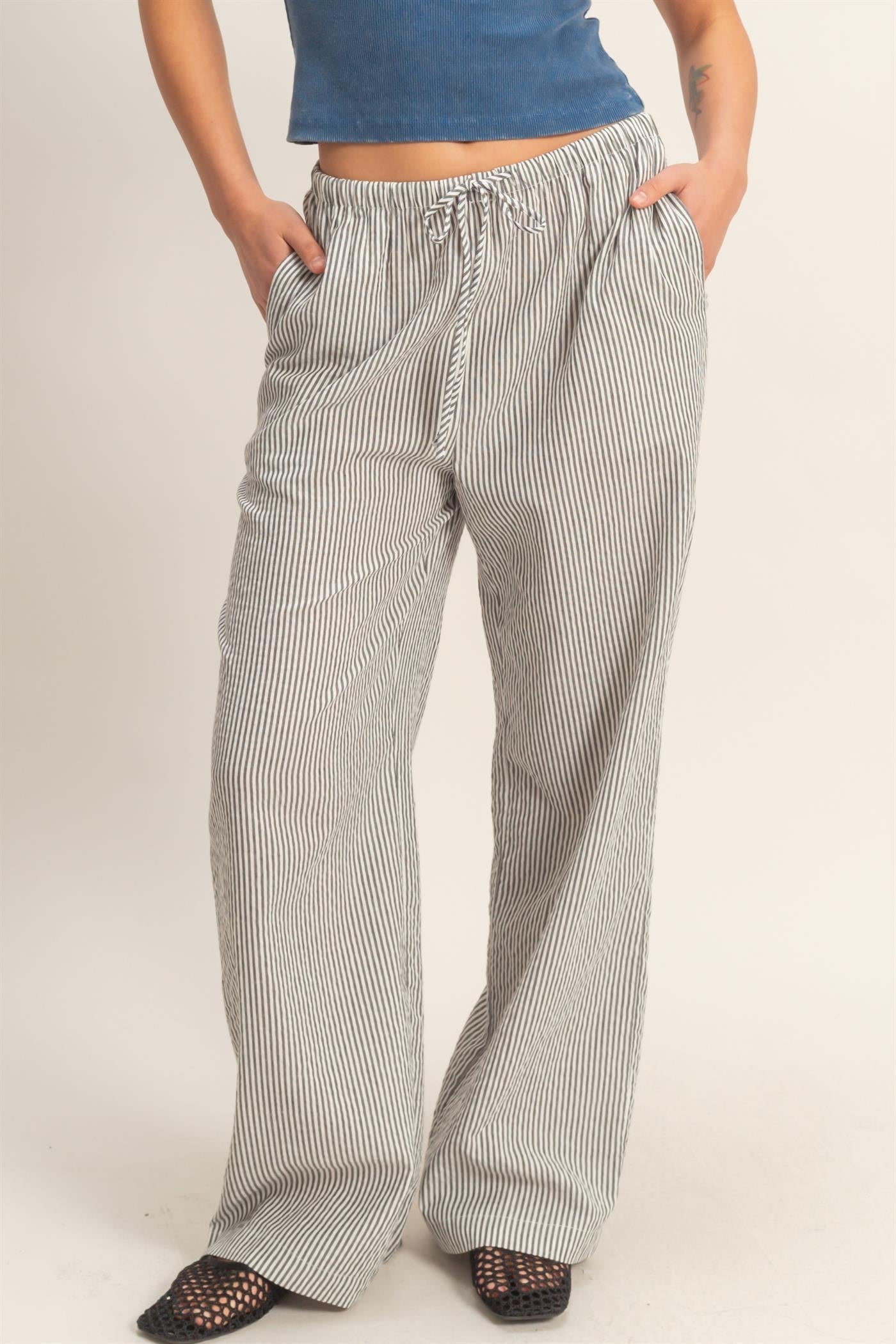 Jamie Striped Wide-Leg Pants - Black