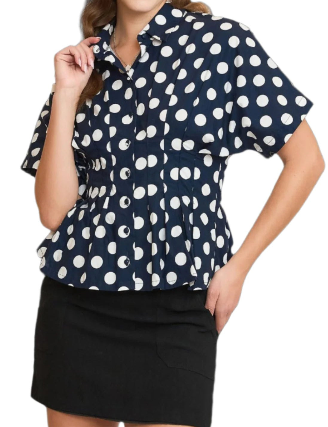 Patti Polka Dot Pleated Button Down Top - MTT Collective