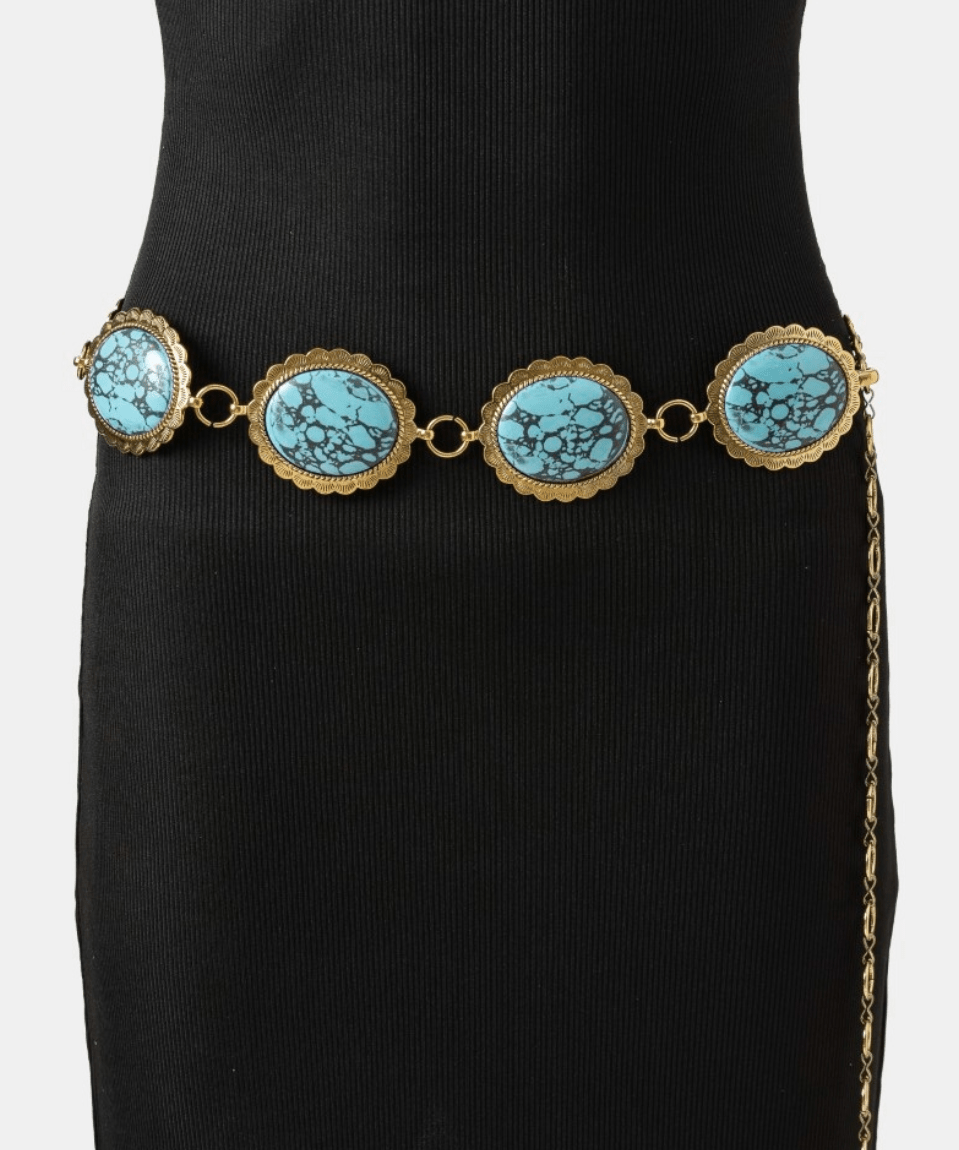 Raven Western Turquoise Stone Oval Concho Disc Chain Belt - MTT Collective