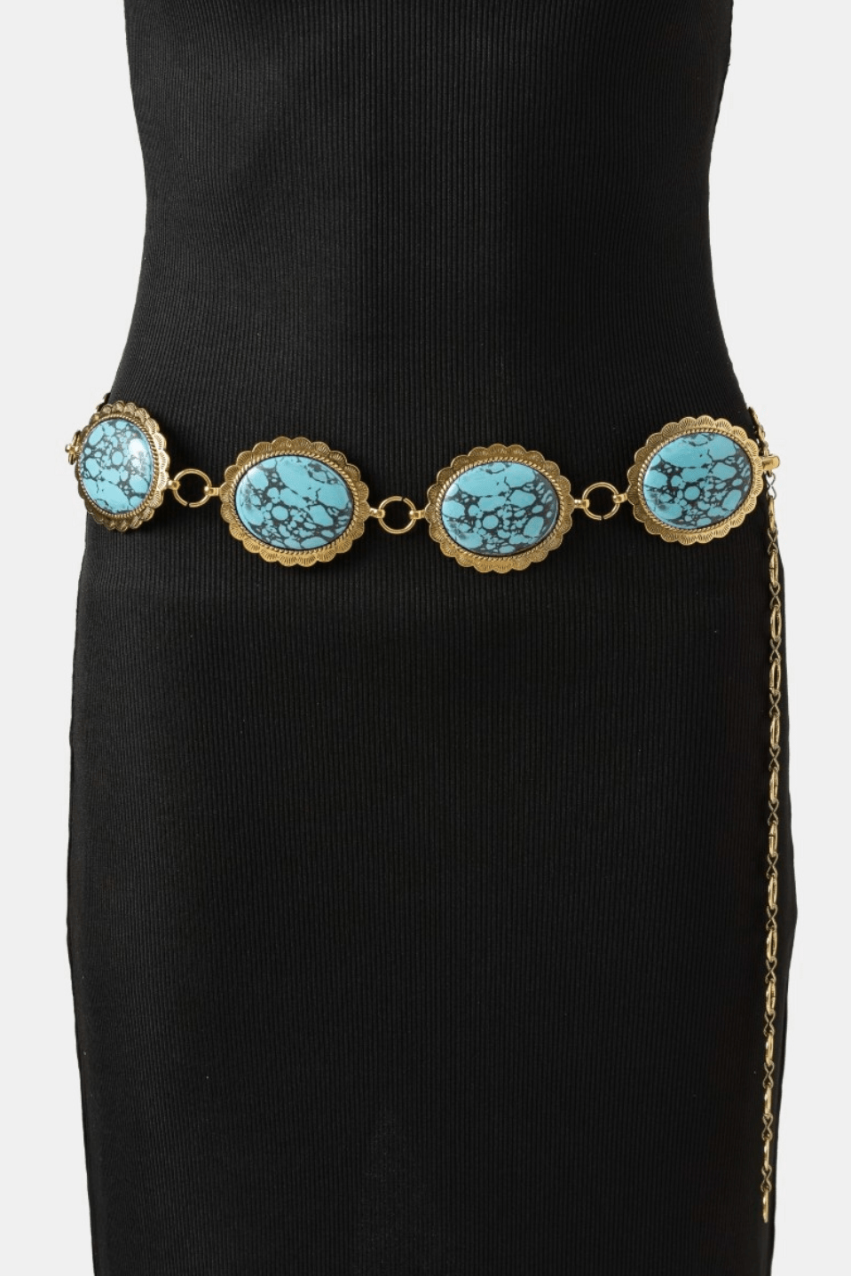 Raven Western Turquoise Stone Oval Concho Disc Chain Belt - MTT Collective