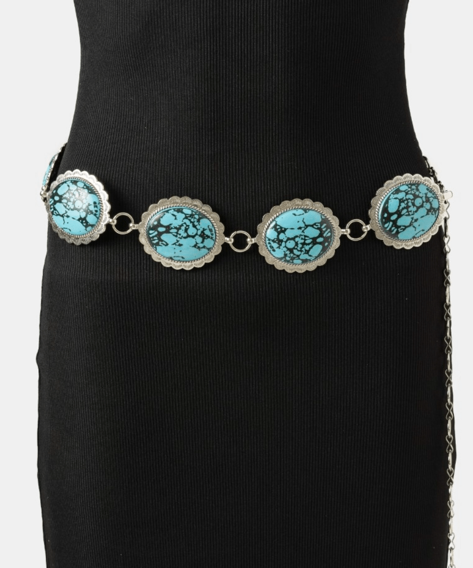 Raven Western Turquoise Stone Oval Concho Disc Chain Belt - MTT Collective