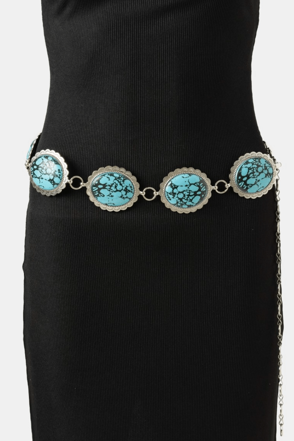 Raven Western Turquoise Stone Oval Concho Disc Chain Belt - MTT Collective