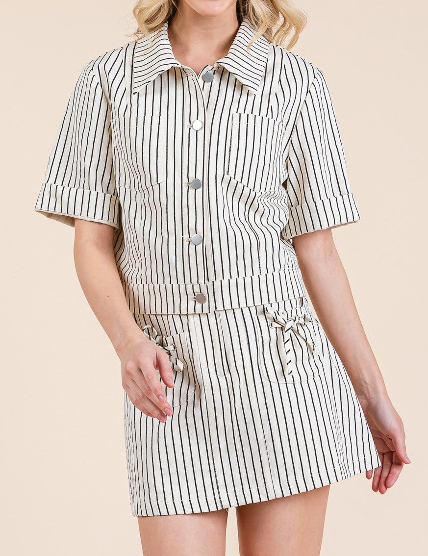 Reese Striped Button - Up Short Sleeve Jacket - MTT Collective