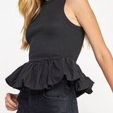 Renee Ribbed Knit Poplin Bubble Hem Top - MTT Collective