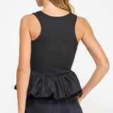 Renee Ribbed Knit Poplin Bubble Hem Top - MTT Collective