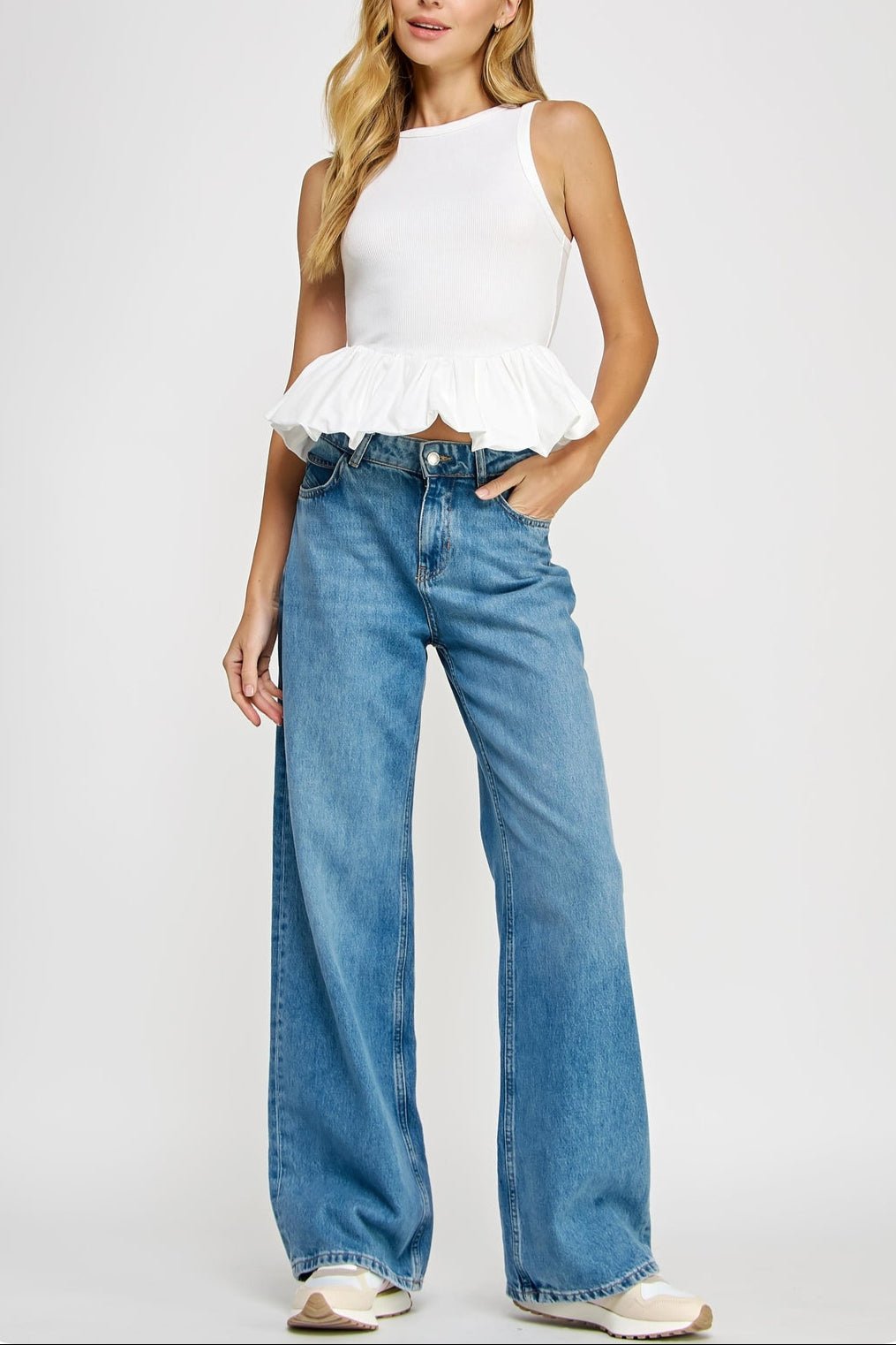 Renee Ribbed Knit Poplin Bubble Hem Top - MTT Collective