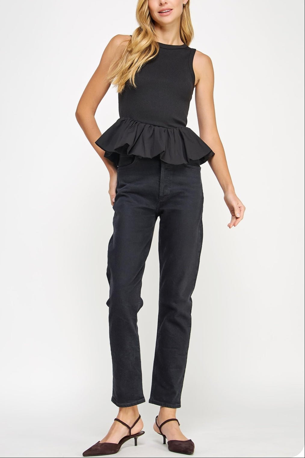 Renee Ribbed Knit Poplin Bubble Hem Top - MTT Collective