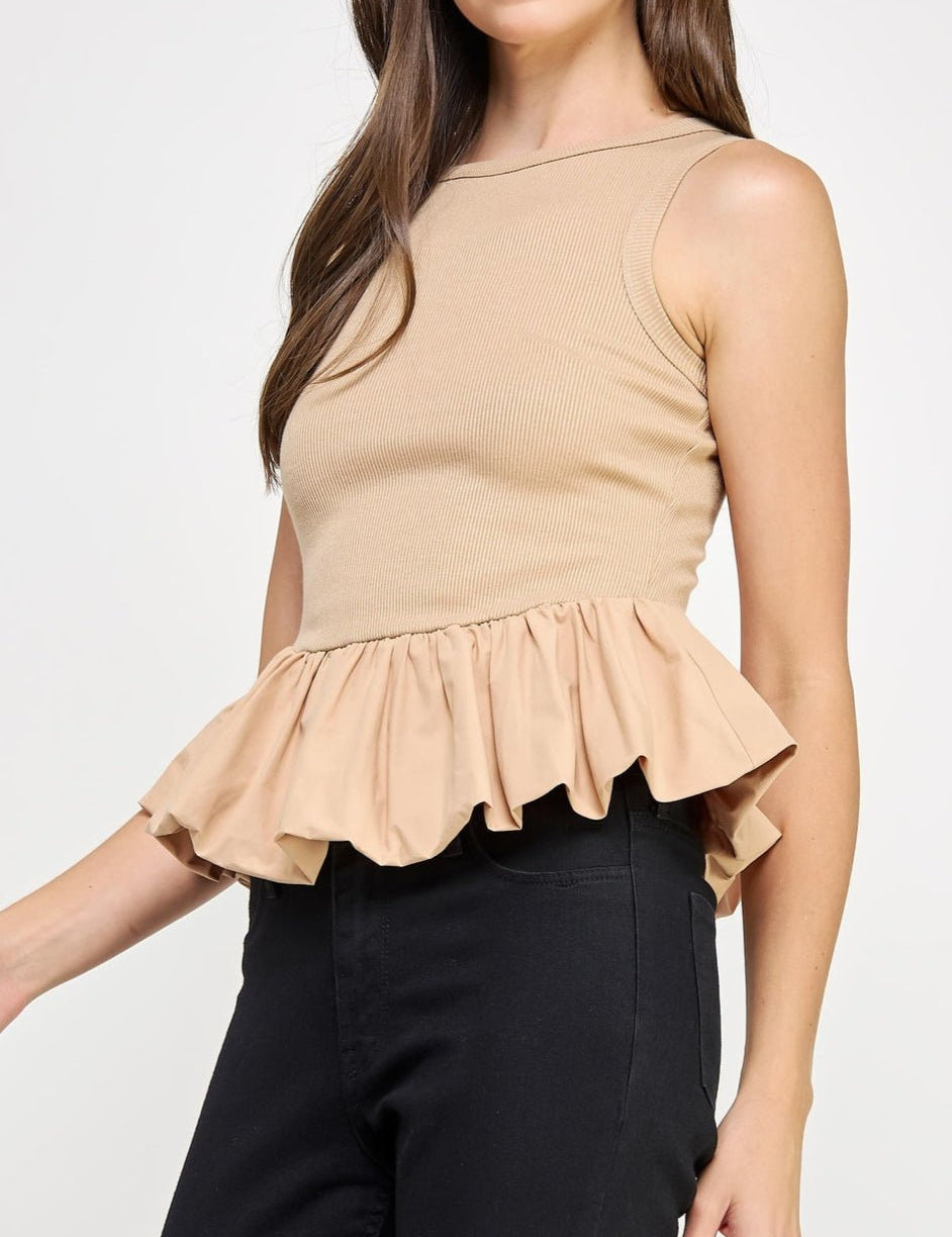 Renee Ribbed Knit Poplin Bubble Hem Top - MTT Collective