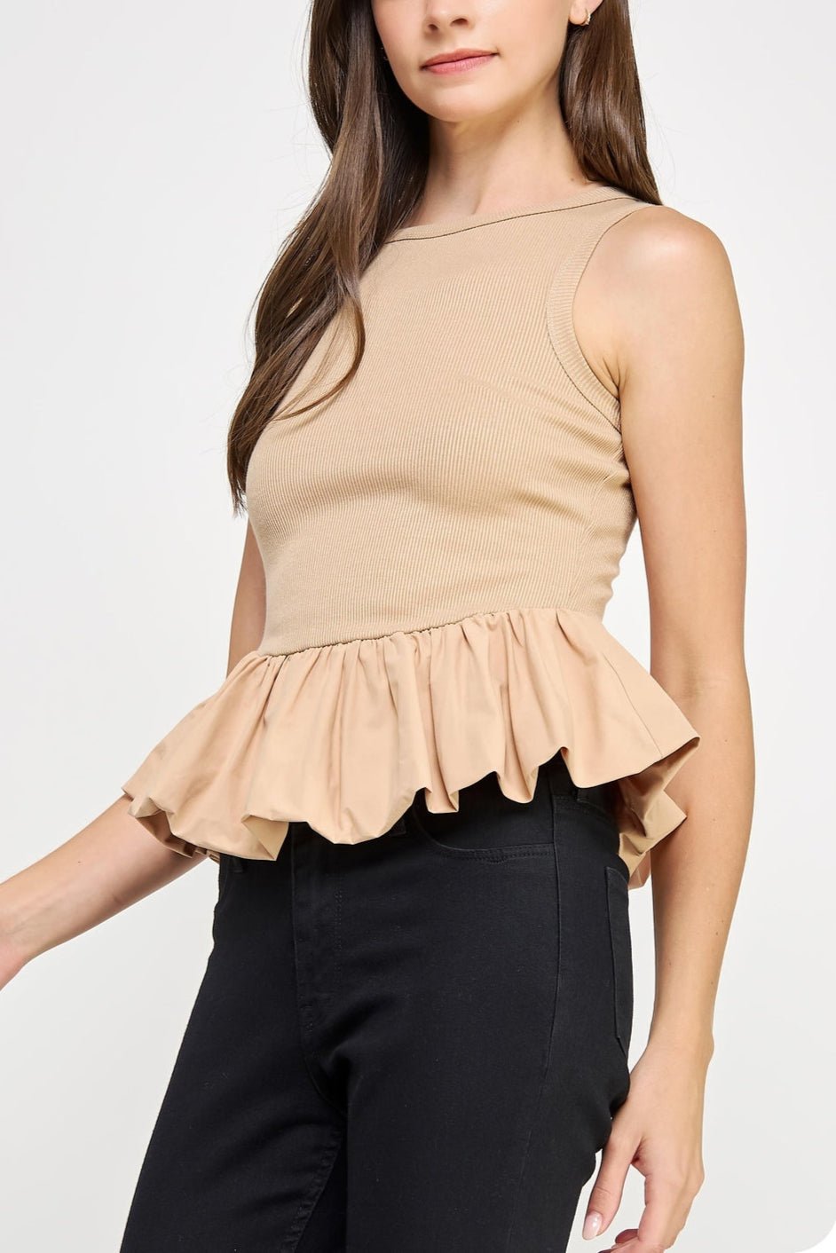 Renee Ribbed Knit Poplin Bubble Hem Top - MTT Collective