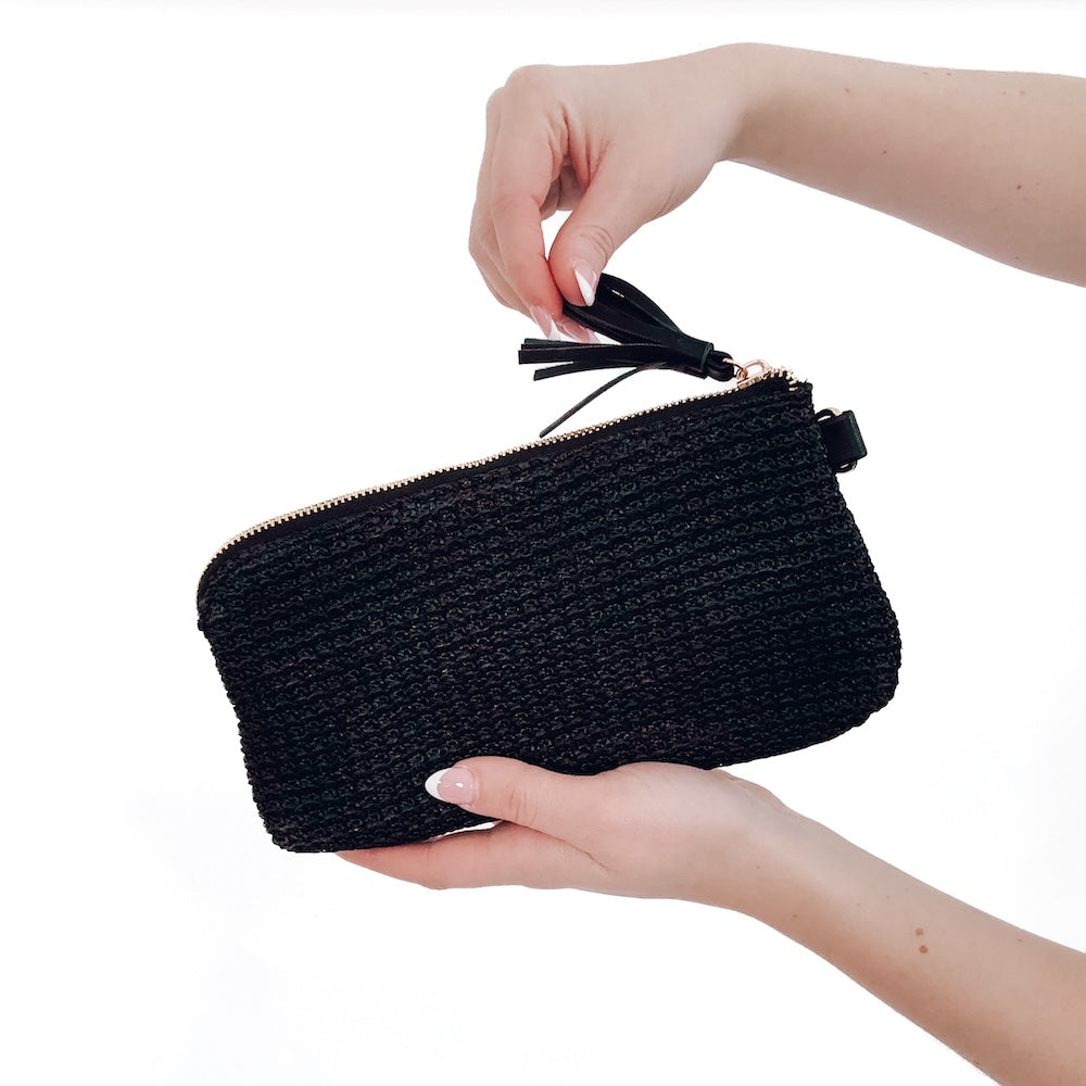 Rome Raffia Clutch Card Wallet Wristlet - Black