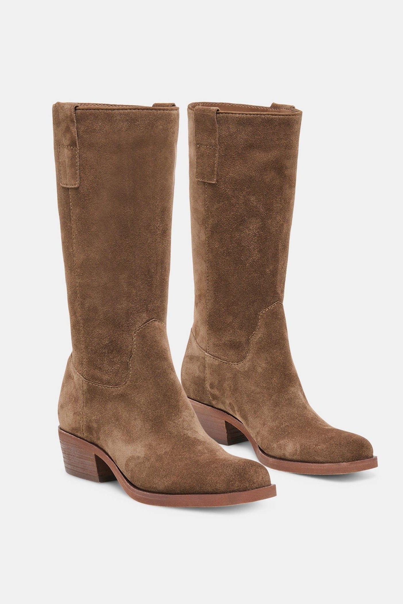 Dolce Vita Romie mid-calf boot in chocolate suede, pair front view