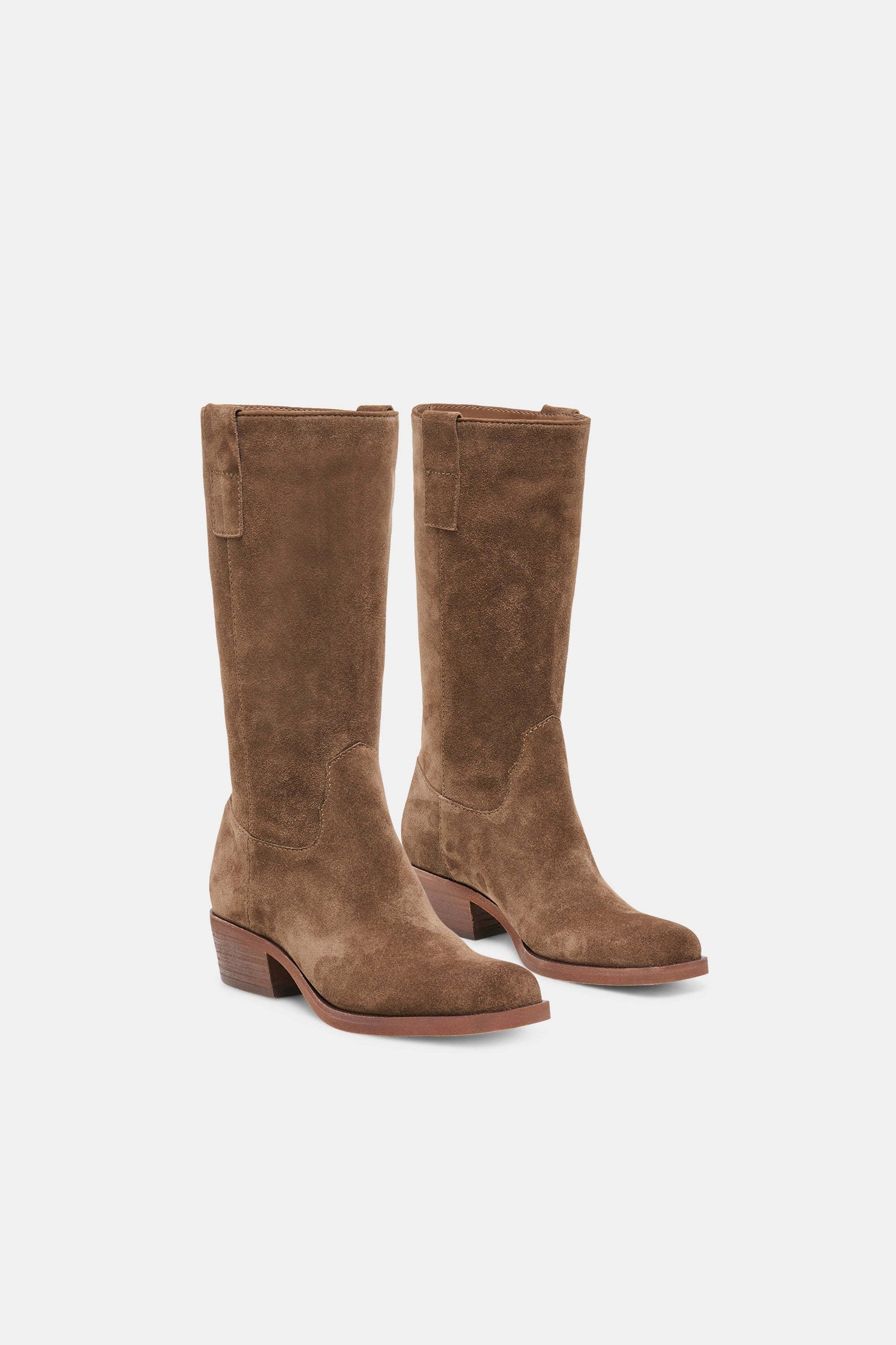 Dolce Vita Romie mid-calf boot in chocolate suede, pair front view