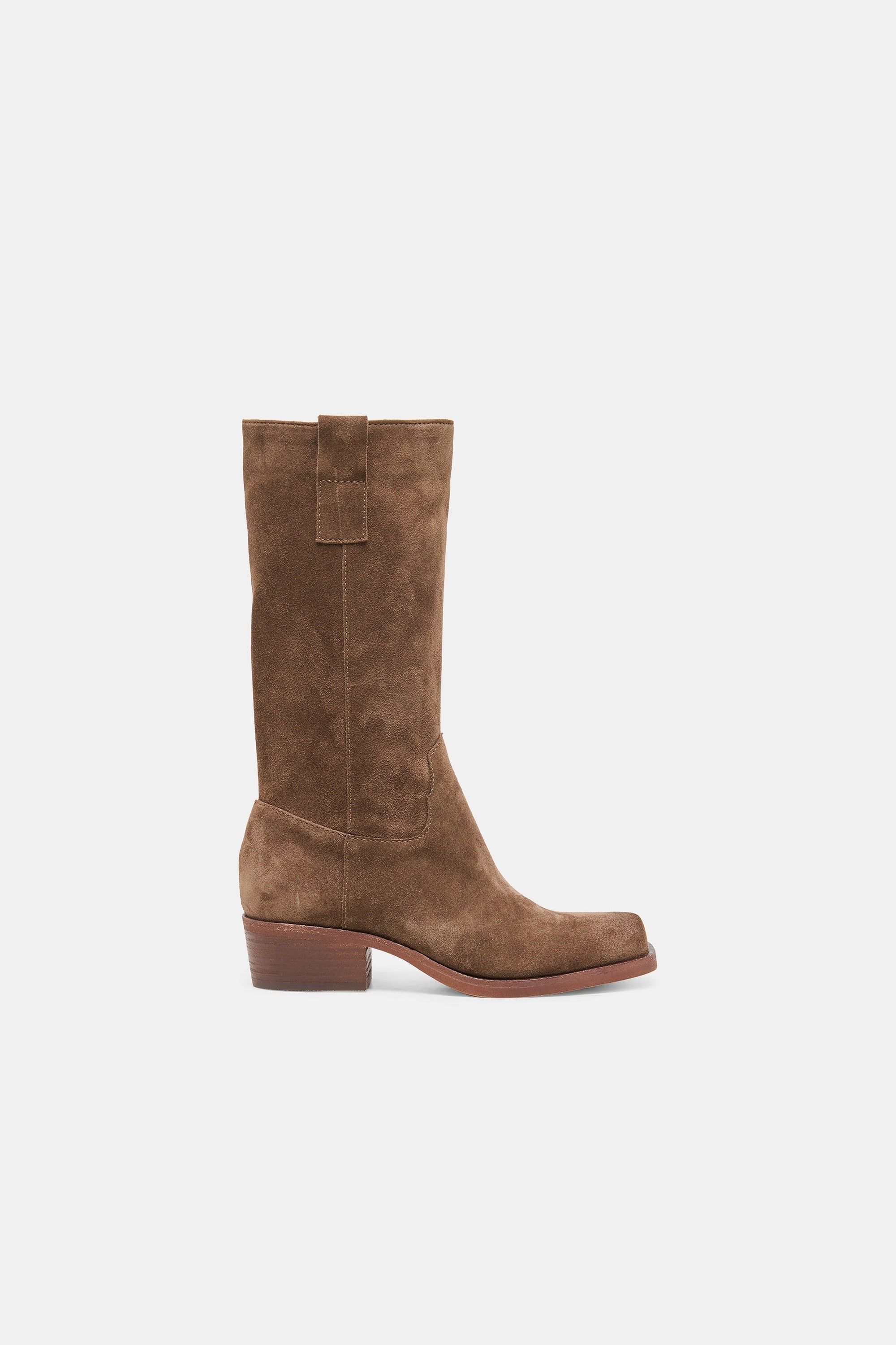 Dolce Vita Romie boot side profile showing stacked heel