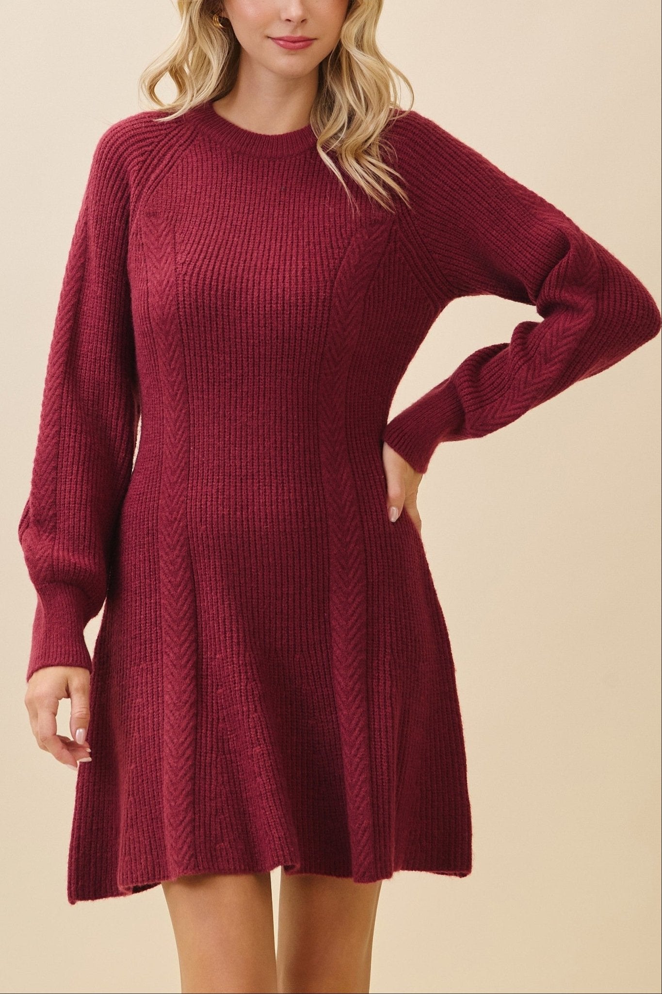 Rowan Fit & Flare Sweater Dress Burgundy / S Rowan Fit & Flare Sweater Dress Burgundy / S