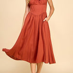 Rust Linen - Blend Corset Waist Midi Dress - MTT Collective