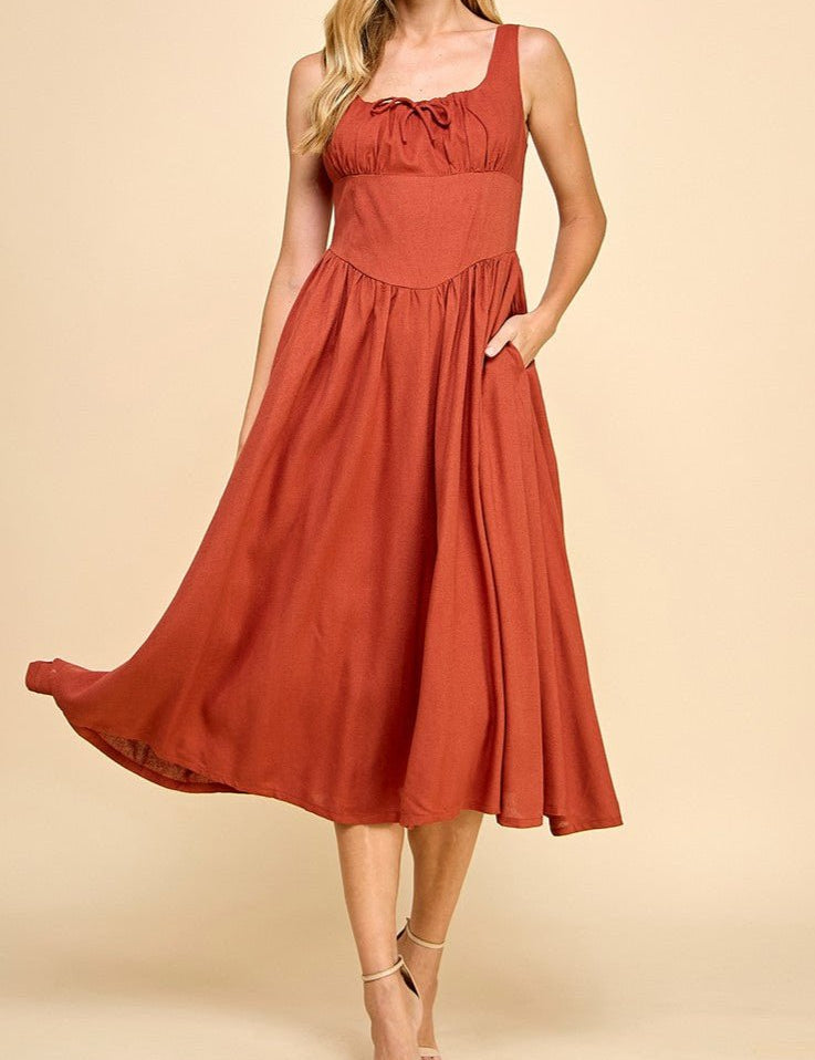 Rust Linen - Blend Corset Waist Midi Dress - MTT Collective