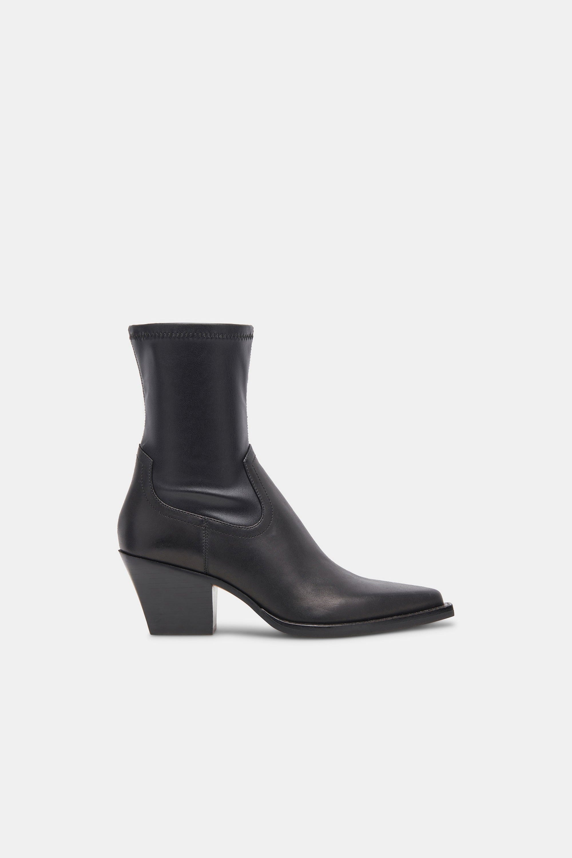 Dolce Vita Rutger ankle boot in black leather, side profile showing block heel