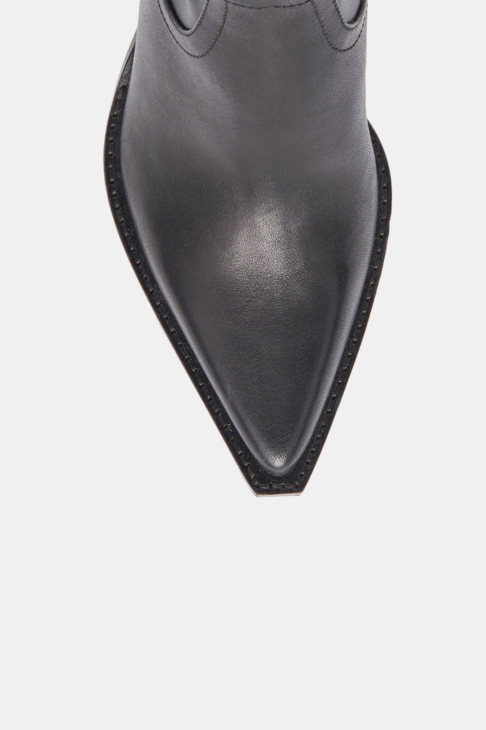 Dolce Vita Rutger ankle boot in black leather, top down view showing pointed toe
