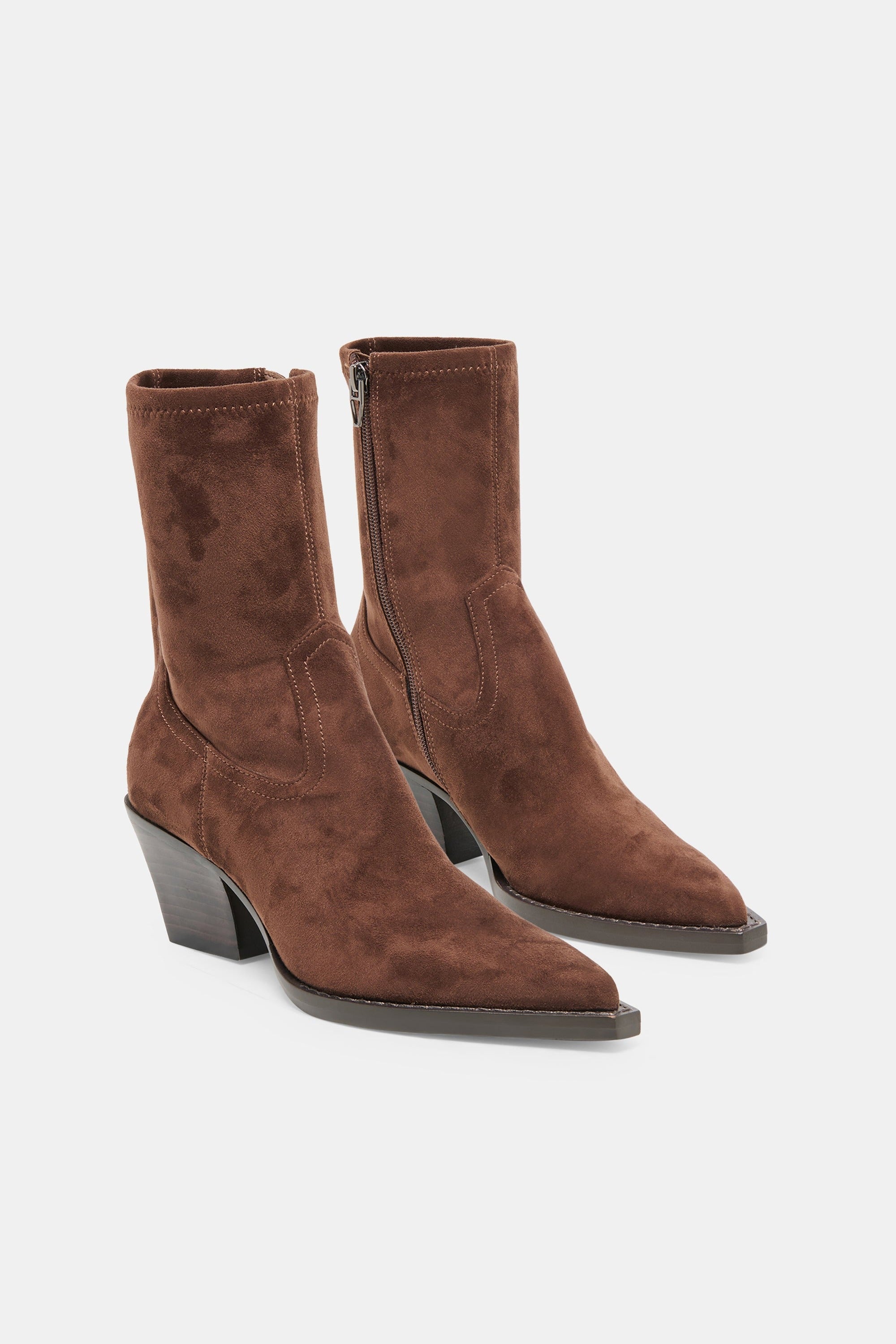 Dolce Vita Rutger pointed-toe ankle boot in dark brown Stella suede, pair front view