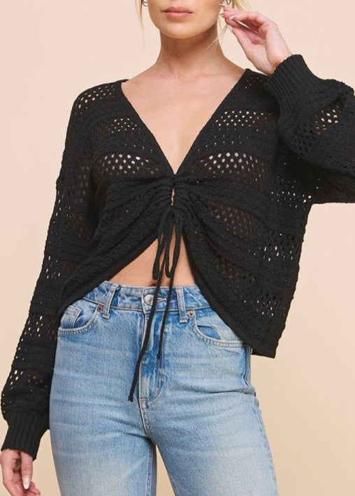 Ruth Open Weave Ruched Drawstring Pullover Sweater - MTT Collective