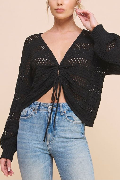 Ruth Open Weave Ruched Drawstring Pullover Sweater - MTT Collective