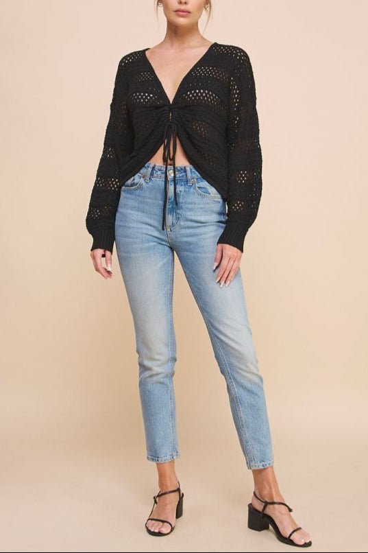 Ruth Open Weave Ruched Drawstring Pullover Sweater - MTT Collective