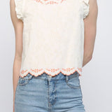 Sadie Contrast Embroidered Ruffled Top - MTT Collective