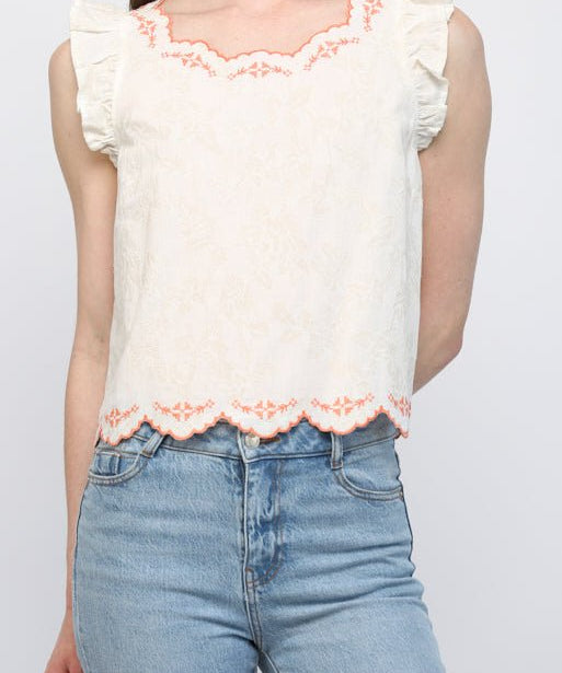 Sadie Contrast Embroidered Ruffled Top - MTT Collective
