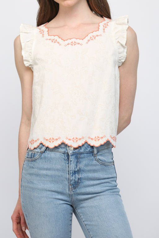 Sadie Contrast Embroidered Ruffled Top - MTT Collective