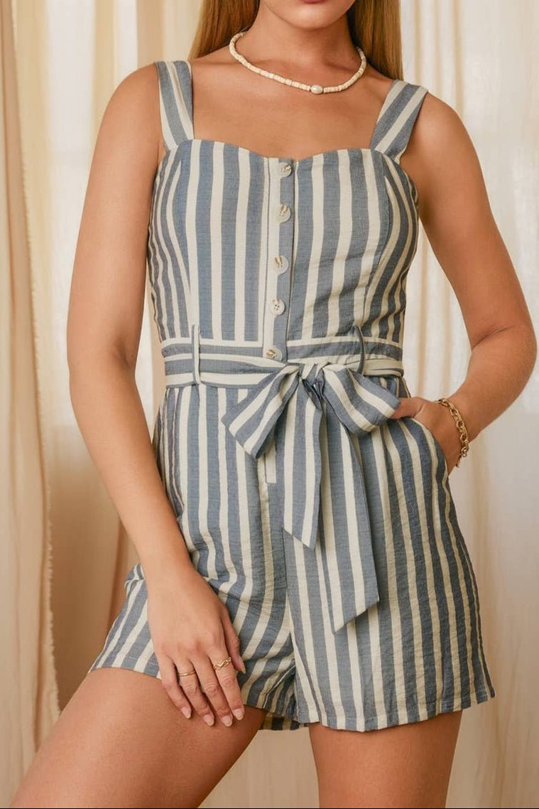 Dress Forum Saltwater Stripe Button Down Romper for Casual Wear Chambray Stripe / L Dress Forum Saltwater Stripe Button Down Romper for Casual Wear Chambray Stripe / L