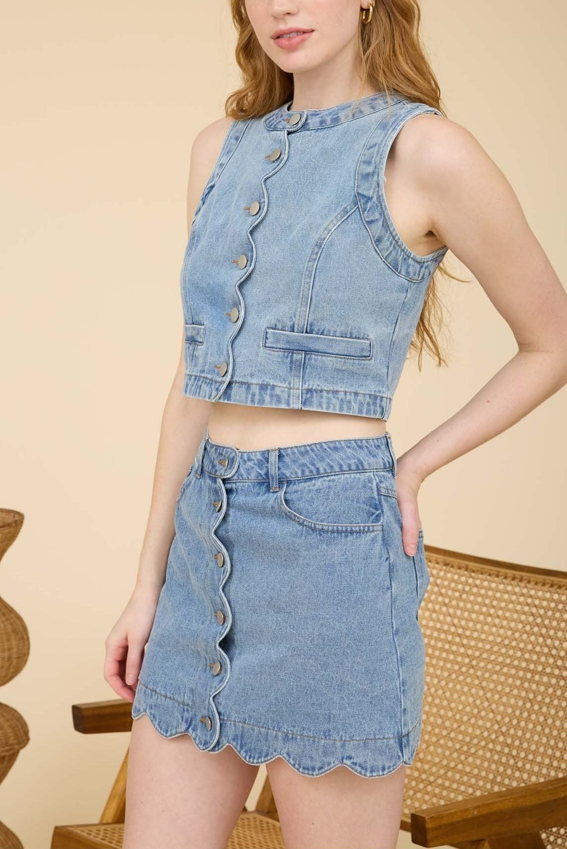 Scalloped Sleeveless Washed Denim Top - MTT Collective